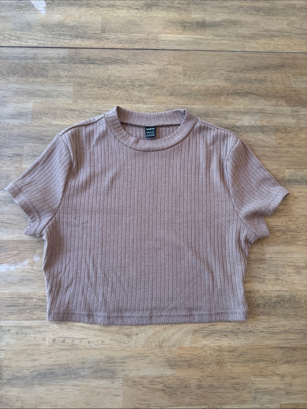 SHEIN Ribbed Short Sleeve Crop Top - Taupe